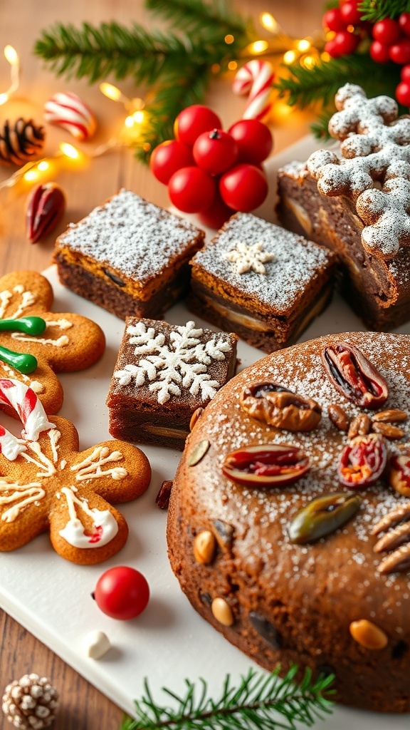 An assortment of Christmas baked treats including gingerbread cookies, brownies, and fruitcake on a festive table.